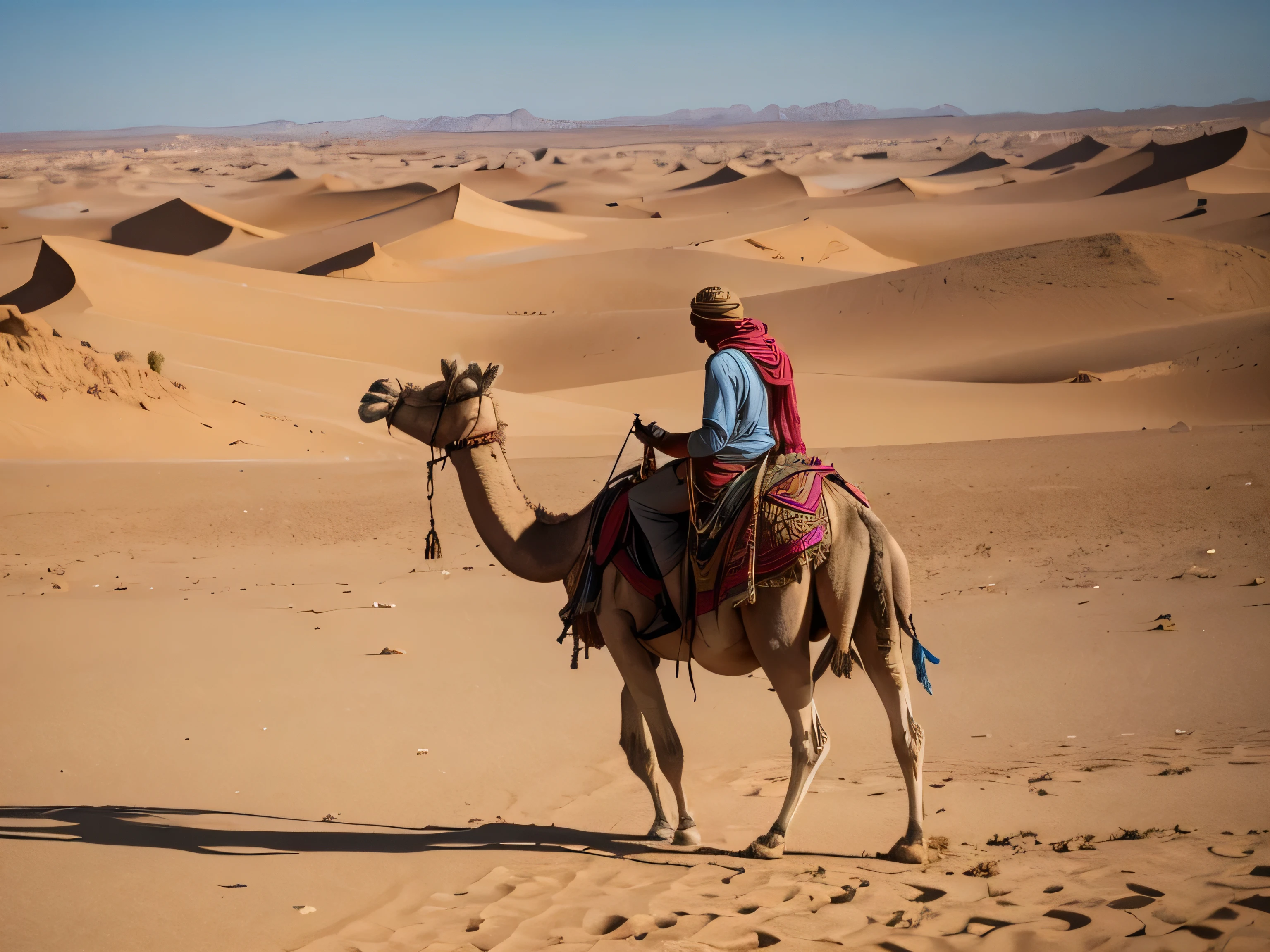 A man with a camel is lost in a vast desert like the Sahara.