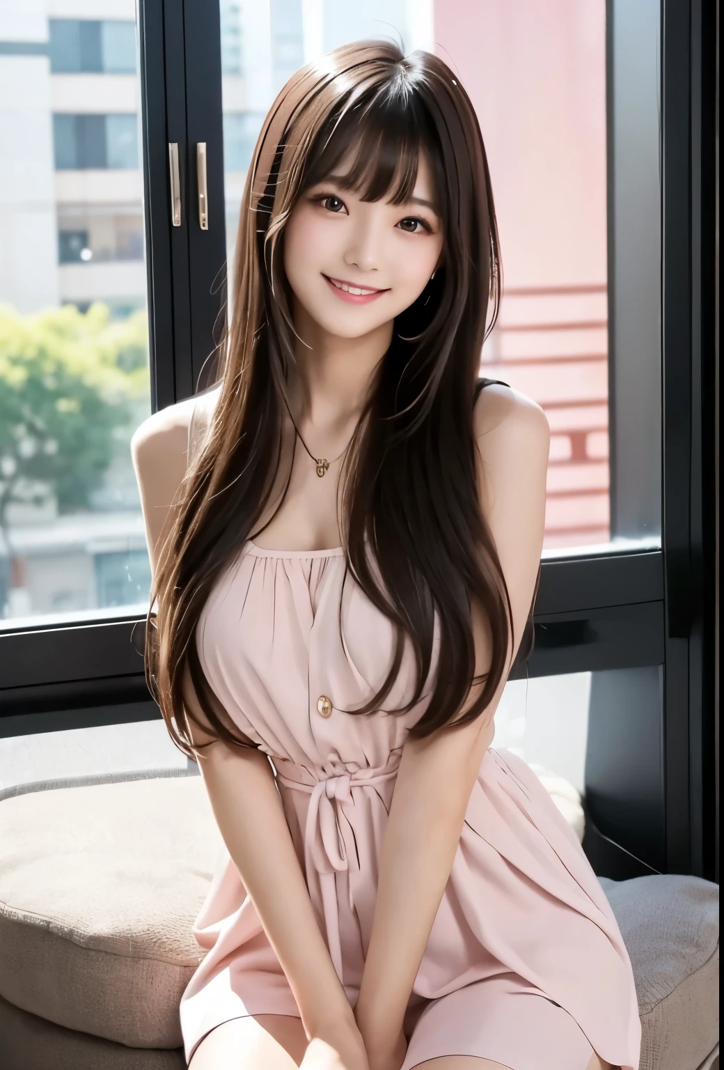masterpiece、Highest quality、whole body、One Girl、bangs、Japanese、Long Black Hair、Long Hair、Gazing at the audience、Tank top、window、smile、alone、Stylish woman、Pastel colored outfits、front、Luxury background elements、Confident expression、Modern and trendy、Fashion focused