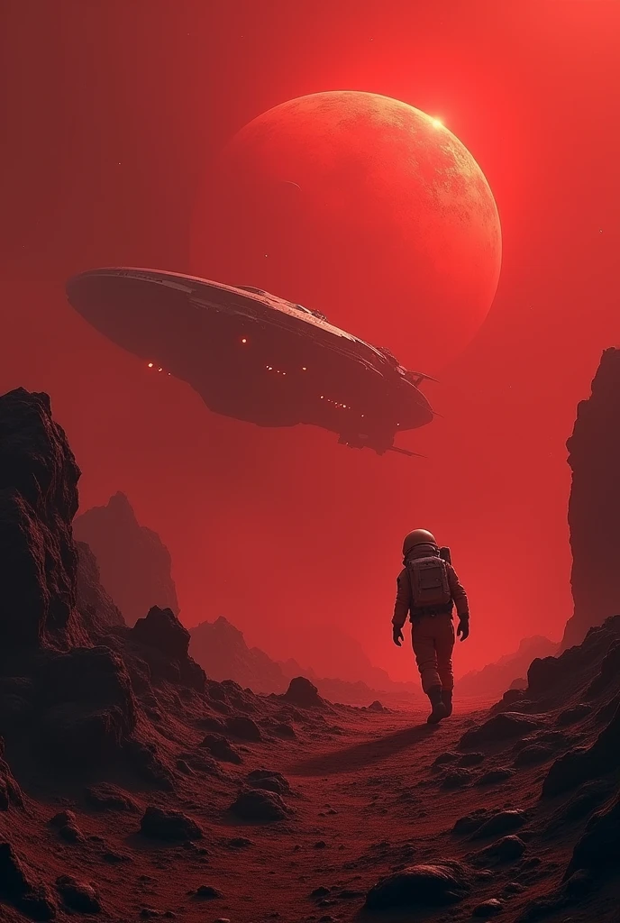 .The spaceship approached the planet with a dense red atmosphere and a terrifying landscape..
The astronaut landed on the barren surface of the planet, With strange, dimly glowing rocks.