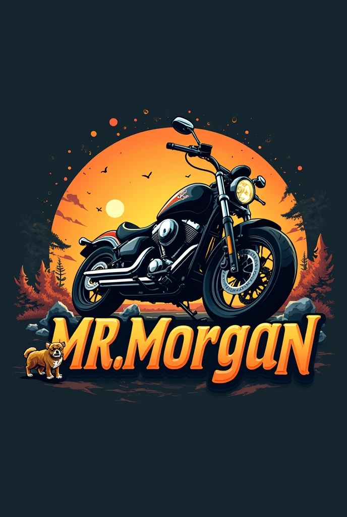 Create a 4k logo for MR.Morgan con una moto y un perro macho amarillo pequeño con pelo corto que al pie de la imagen diga MR.Morgan