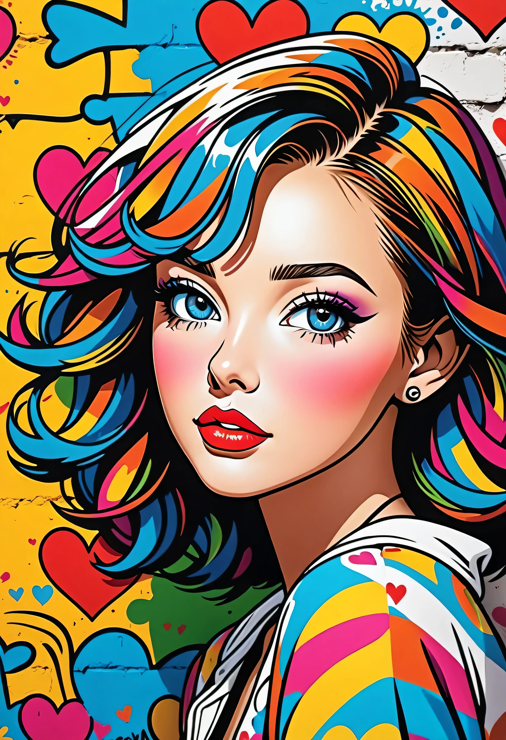 Ultra-realism Keith Haring colorful style, Simple Line Initialism,Abstract art,(((The most beautiful girl of all time))), Sweet face. Lips in love, colorful hearts, stylish design, Summer beach fashion, Dark Eyes, Graffiti on the wall