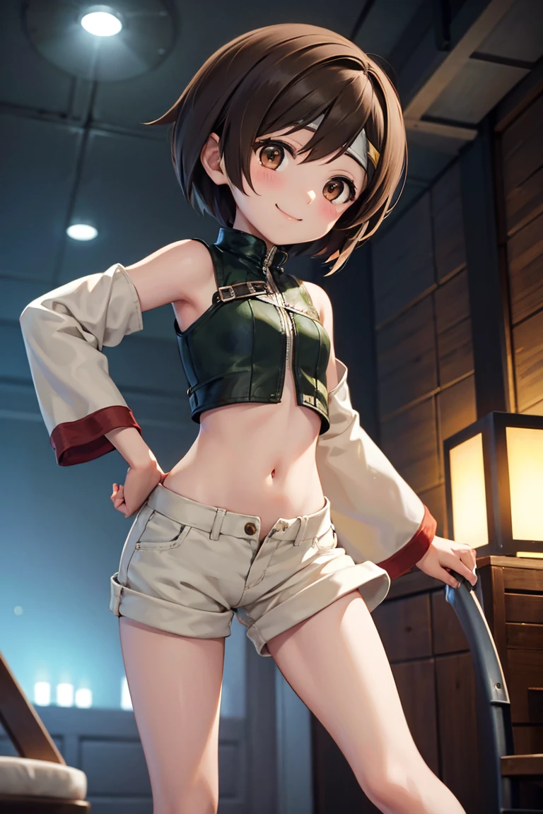 yuffie kisaragi、One Woman、Brown Hair、Asymmetrical bangs、Short Hair、Headband、Small waist、Thin legs、smile