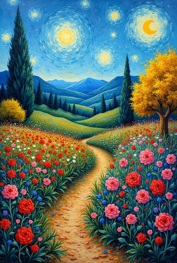 and beautiful garden with blooming flowers and bright sky in vangoh style