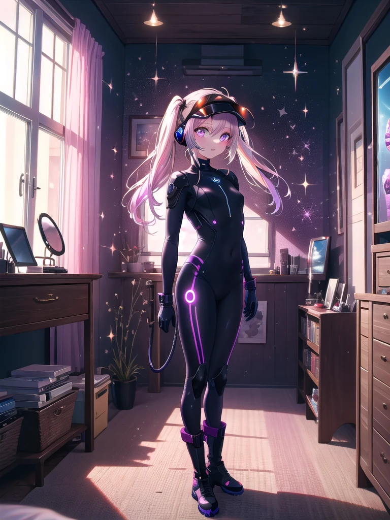 ((8k, Highest quality, masterpiece: 1.3)),Ultra-high resolution,(1 girl, alone), (Color changing eyes, Ultra-detailed, Expressive brilliance, Glitter, Glowing Eyes), Highly detailed eyes, Highly detailed face, Random Hair, ((pastel colour)),A lively young woman with pastel lavender hair styled into pigtails, standing in front of her vanity in her small but stylish bedroom. It’s early afternoon, and the room is bathed in bright, natural light. She is dressed in a popular video game character cosplay, wearing a sleek, futuristic bodysuit with glowing accents, a headset with attached visors, and boots with metallic details. The camera captures her from a mid-angle as she adjusts her visor, her face lit with anticipation and excitement. The room is filled with gaming posters, a few collector’s editions of video games on display, and a gaming setup in the corner, emphasizing her love for gaming and cosplay.