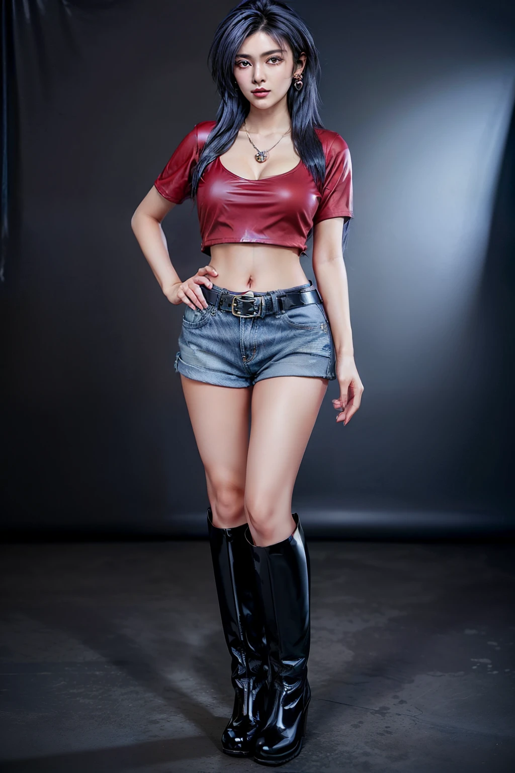(RAW shooting, Photoreal:1.5, 8k, highest quality, masterpiece, ultra high resolution), perfect dynamic composition:1.2, Highly detailed skin and facial textures:1.2, 1girl:1, asian girl:1,Glamourous female, beautiful and aesthetic:1.2, sexy beauty, perfect style, belief, Strong-willed, revenge, Fair skin, very beautiful face, (large breast:1.4, Chest gap:1.4), (wearing a sexy casual fashion:1.2), (beautiful eyes, Eyes that feel beautiful eros:1.0), (Too erotic:0.9, Bewitching:0.9), (full body photo:2), (perfect limbs:1.2), (perfect fingers:1.2),(red shirt, earrings:2, necklace:2,denim shorts:2, short sleeves:1.4,dark blue hair:1.4, long hair,latex knee boots,belt:2, navel,Mio Serizawa:1.4),(simple background:1),(standing:2),