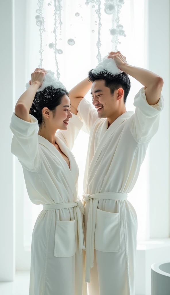 Create an Asian beauty and an Asian handsome man,Regular facial features,They were each wearing white silk bathrobes,They are washing their hair with both hands on top of their heads,There is a lot of foam and water on the head,Foam wrap head,Real bubbles,Open your eyes,The expression is happy,The characters are realistic and realistic,Pure white bathroom background,Character front position,9:16 frames,Ultra-high-definition picture quality