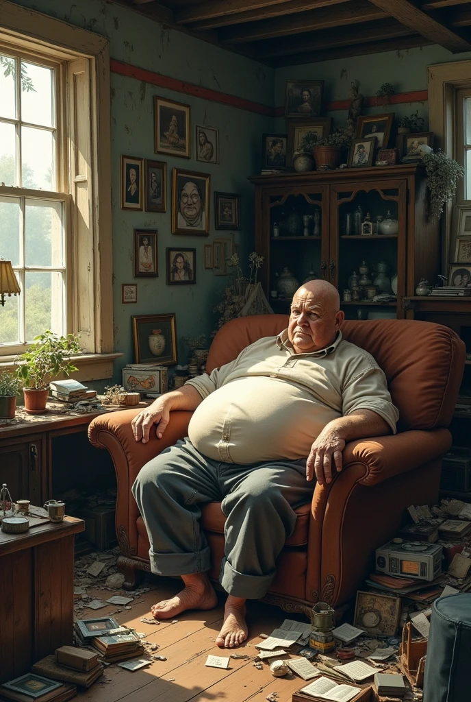 House with junk and a fat, bald grandfather on the sofa