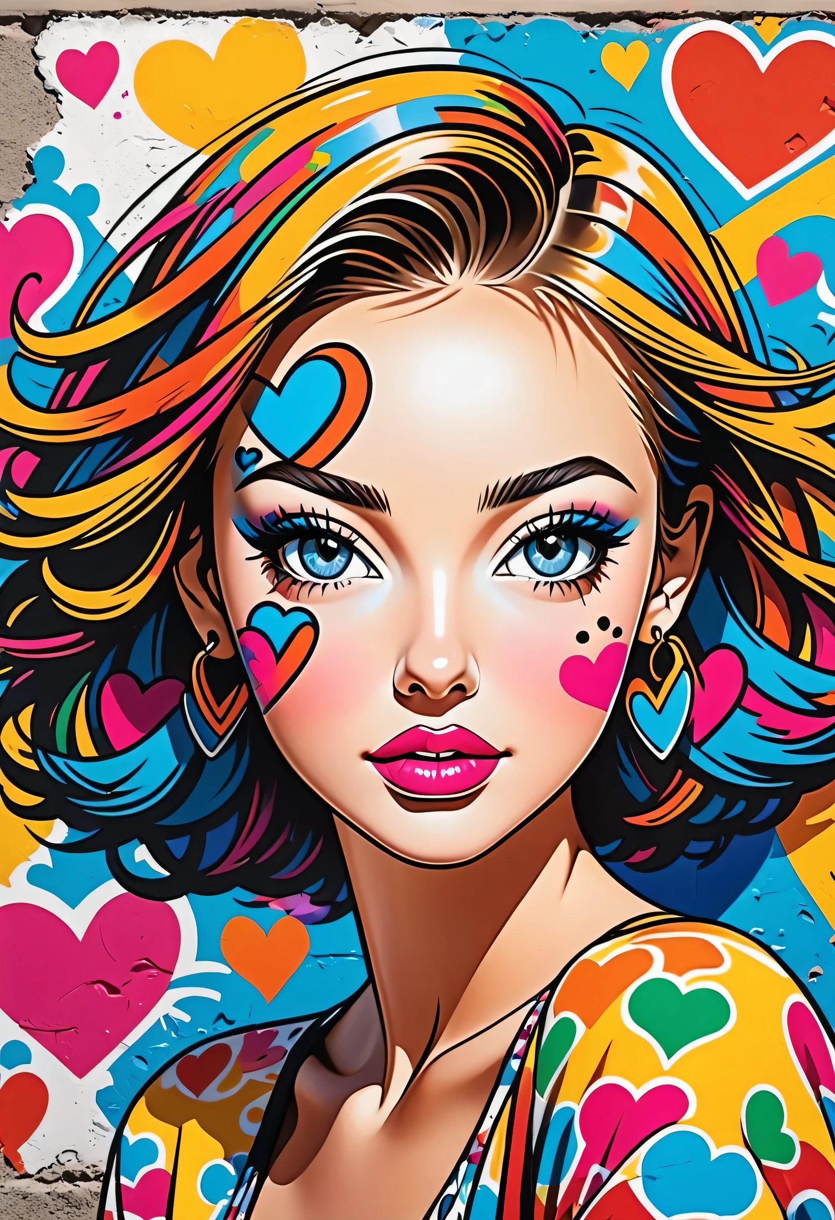 Ultra-realism Keith Haring colorful style, Simple Line Initialism,Abstract art,(((The most beautiful girl of all time))), Sweet face. Lips in love, colorful hearts, stylish design, Summer beach fashion, Dark Eyes, Graffiti on the wall