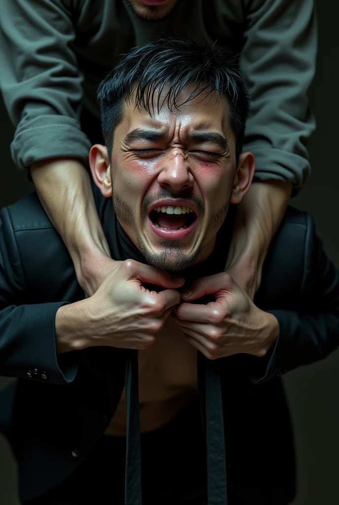 Галстук на котором весит шея sweaty, thin and handsome, European youth, beardless and makeup-free, with black very short, beautiful men's hairstyle, tightly wraps around and squeezes the neck to the point of fatal suffocation, two strong and wet male hands trying to tighten a tie, as hard as possible, squeezing the boy's entire neck, sweaty, thin and handsome юноши, beardless and makeup-free, his face is very sweaty, He's choking, very red face, his eyes are closing, he is wearing a glossy one, sweaty black suit
