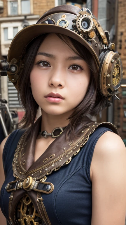 13-year-old Colombian girl, Half body view, (In front of the camera), Detailed European face, (Longing facial expression), (((Steampunk style close-up))), ((Steampunk city background)), Raw, analogy style, Super detailed photos, movie lighting, art station, 4K, sharp focus, High resolution, Delicate skin, delicate eyes,