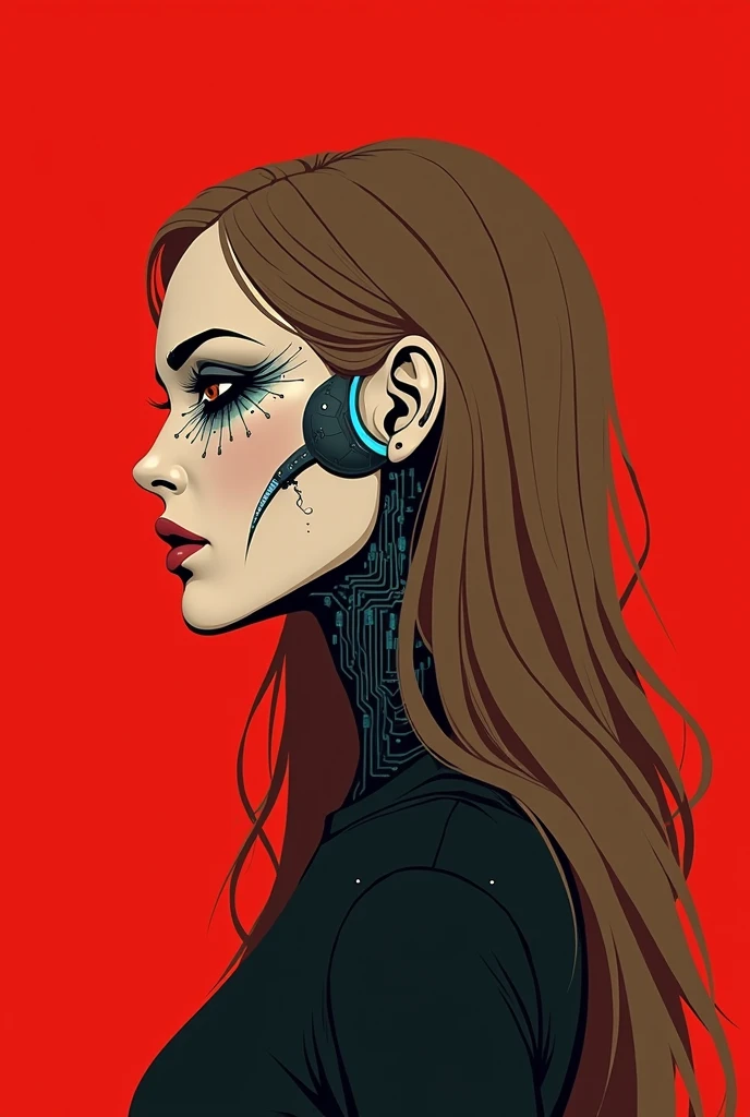 A beautiful ((evil slavic woman)), pale skin, long light brown hair, with robotic features as a closeup shot of the face and neck, with circuitry on her skin, clean lines, minimal details, cyberpunk, portrayed in profile with a red background, futuristic design, in a 2D flat composition, red tones