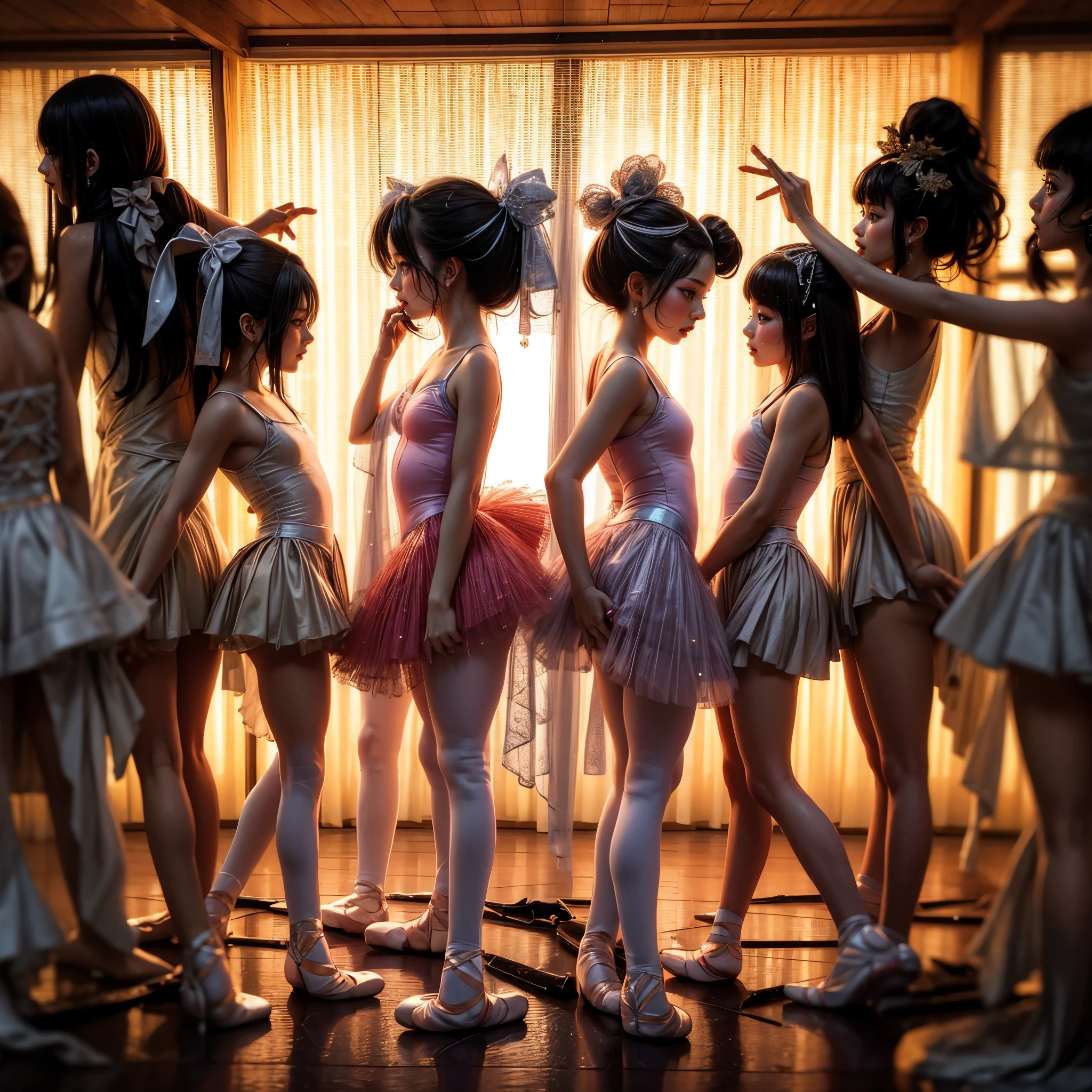 SFW, ExtremelyDetailed (((Kawaii Ballet Girls Group in a row:1.37))), ish perfect face, Reflective Eyes, Detailed(Delicate Clothing textures), corrected hand, Dynamic Joyful Expressions LifeLike Rendering, (Specular Reflection:0.2), TopQuality 8K Ultra-detailed masterpiece (ProfessionalPhoto:1.37), (Acutance:0.8), (Luminism:1.28), ( Colorful Light particles:0.75), (Muscle:-0.5), facing away (from side ) (Clearly visible Beautiful hip shape)