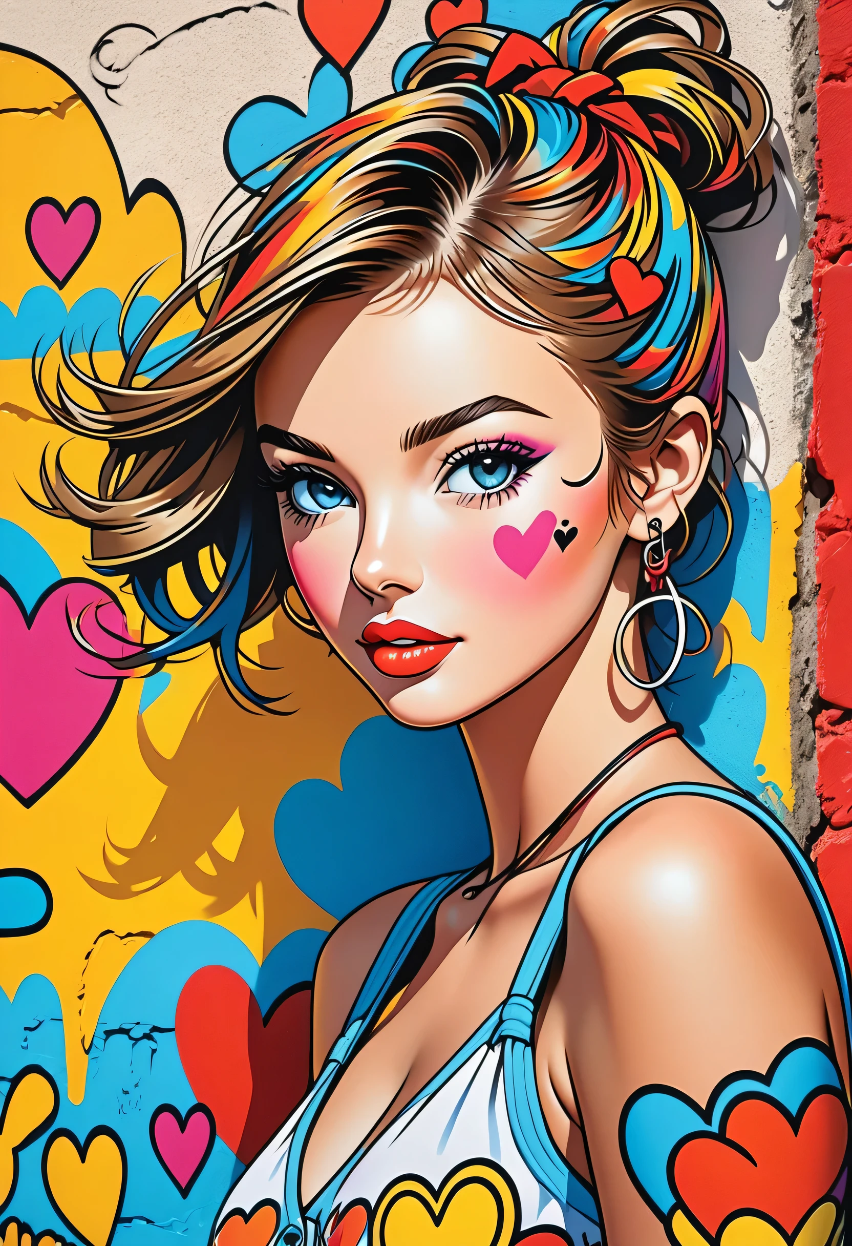 Ultra-realism Keith Haring colorful style, Simple Line Initialism,Abstract art,(((The most beautiful girl of all time))), Sweet face. Lips in love, colorful hearts, stylish design, Summer beach fashion, Dark Eyes, Graffiti on the wall