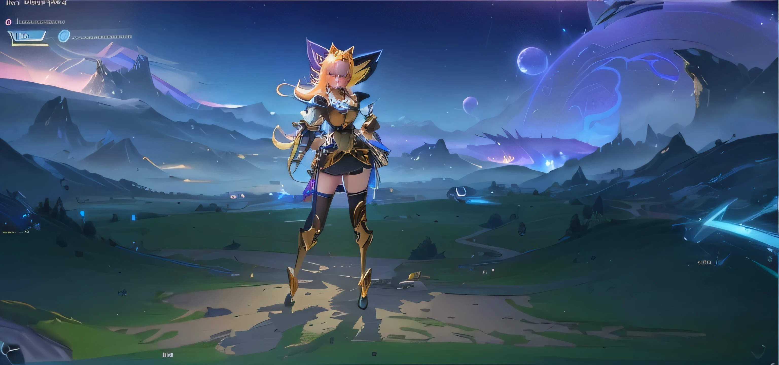 a close up of a woman in a costume standing in a field, seraphine ahri kda, genshin impact character, tane skin, wild rift, wearing golden cat armor, lunar themed attire, tanny skin, full body xianxia, lux from league of legends, league of legends character, knights of zodiac girl, style league of legends, mobile legends