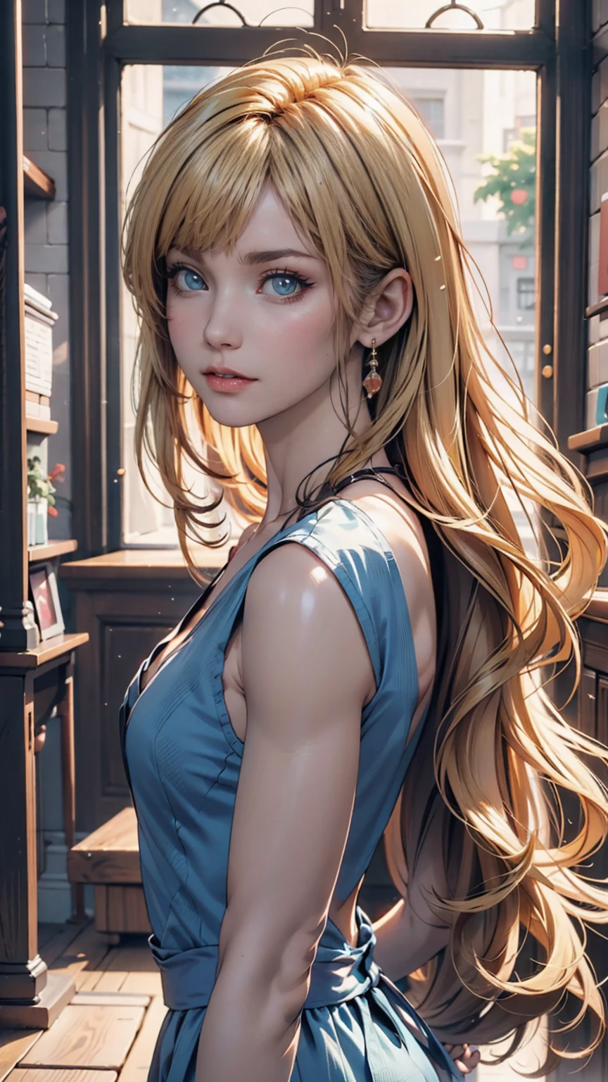 A blonde woman with long hair and a blue dress is posing for a photo, Realistic anime art style, Photorealistic anime girl rendering, Smooth anime CG art, Anime realism style, Realistic art style, realistic young anime, Gorgeous digital painting, Realistic Anime 3D Style, Beautiful anime portraits, Realistic anime art style, Close-up character portraits, 3D Anime Real, Anime style portrait