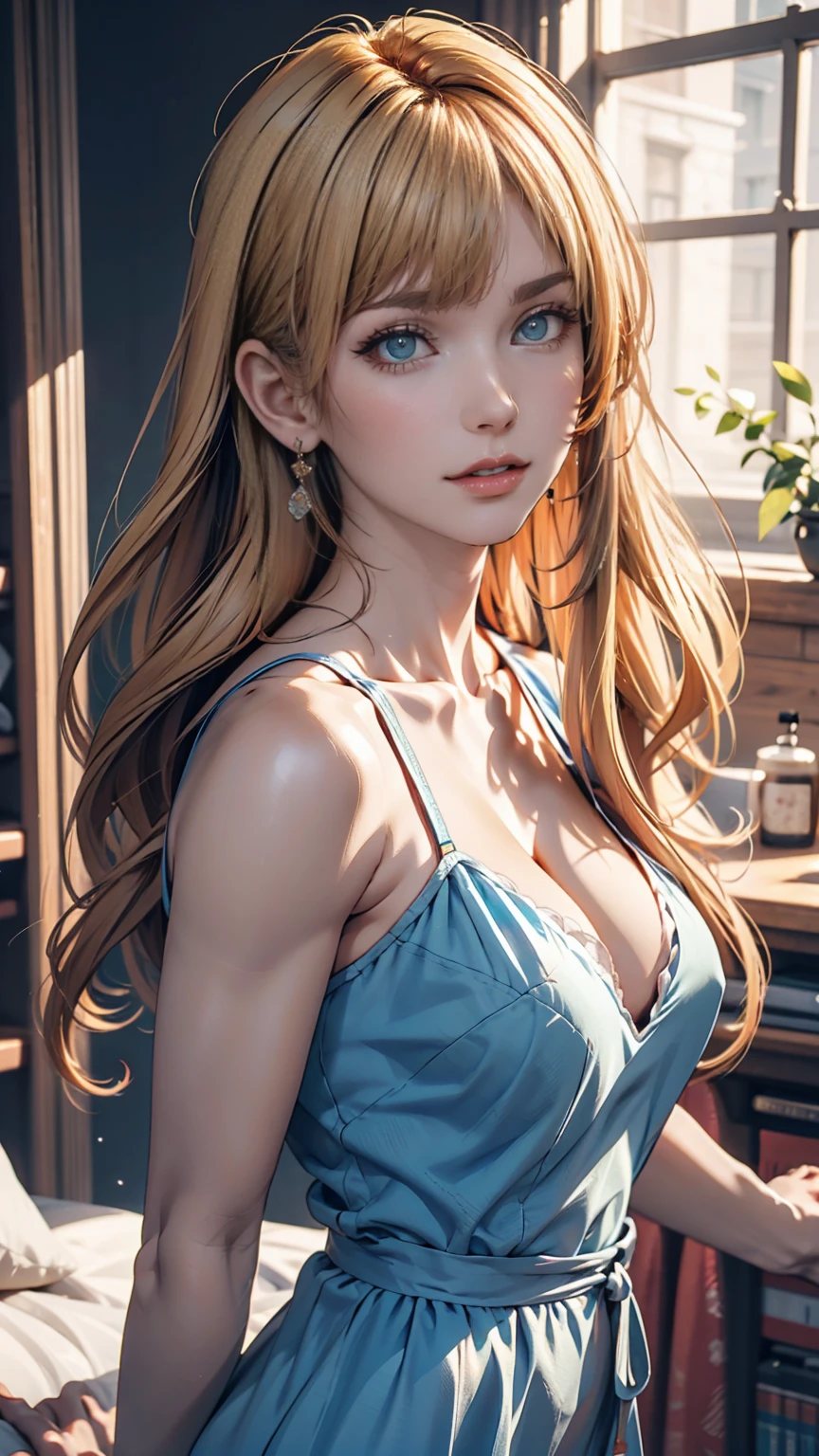 A blonde woman with long hair and a blue dress is posing for a photo, Realistic anime art style, Photorealistic anime girl rendering, Smooth anime CG art, Anime realism style, Realistic art style, realistic young anime, Gorgeous digital painting, Realistic Anime 3D Style, Beautiful anime portraits, Realistic anime art style, Close-up character portraits, 3D Anime Real, Anime style portrait