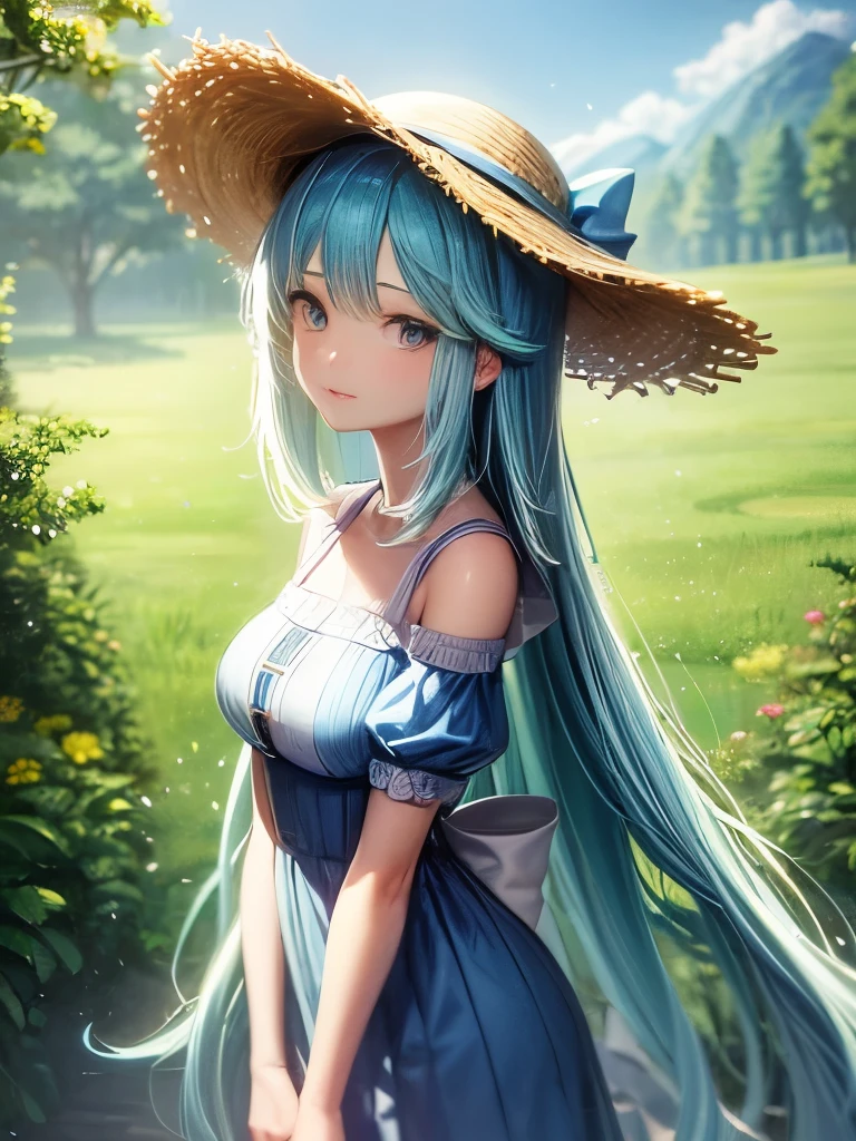 Blue haired anime character wearing a straw hat and blue dress, Digital artwork, Beautiful Anime肖像画, Beautiful Anime, beautiful Anime Style, Turquoise Haired Anime, Anime Style. 8k, In the art style of Bouwater, Beautiful digital illustrations, Beautiful character drawings, Stunning Anime Face Portraits
