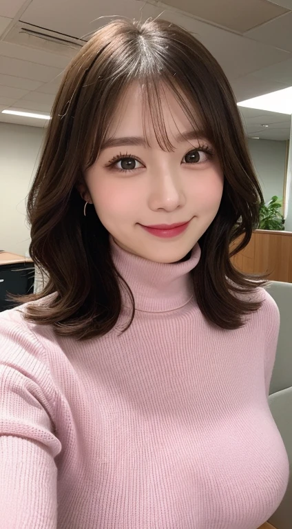 Office Lady, Knit dress, Pink, turtleneck, highest quality, Very detailed, finely, High resolution, 8k wallpaper, Perfect dynamic composition, finelyて美しい目, Natural Lip, (Saggy big breasts:1.3), smile