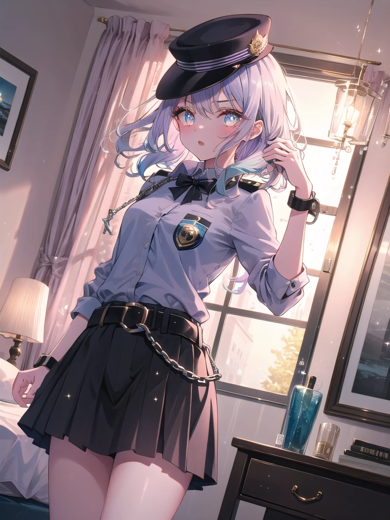 ((8k, Highest quality, masterpiece: 1.3)),Ultra-high resolution,(1 girl, alone), (Color changing eyes, Ultra-detailed, Expressive brilliance, Glitter, Glowing Eyes), Highly detailed eyes, Highly detailed face, Random Hair, ((pastel colour)),A confident young woman with pastel lavender hair styled into loose curls, standing in front of her full-length mirror in her bedroom during the late afternoon. She is dressed in a bold police officer cosplay, wearing a tight blue shirt with a badge, a short black skirt, and a pair of handcuffs hanging from her belt. The camera captures her from a low angle as she adjusts her hat, her expression playful yet authoritative. The room is bathed in the warm glow of the setting sun, with a few crime novels on the nightstand and a pair of sunglasses resting on the dresser, creating a scene of playful power dynamics.