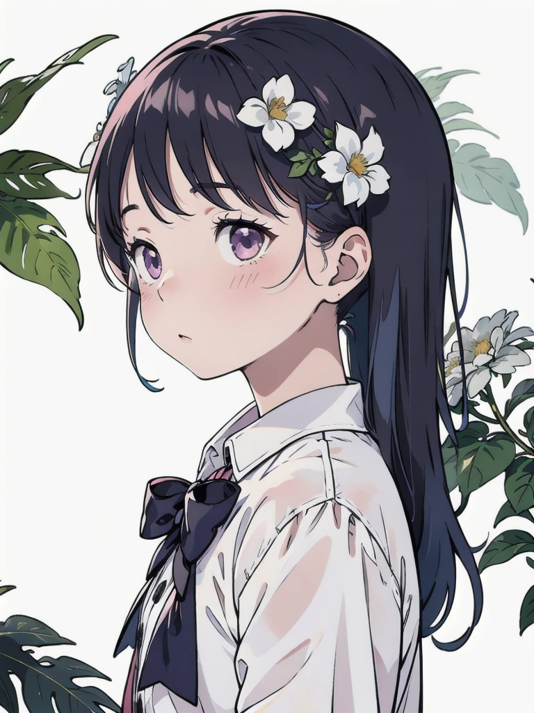 Highest quality, masterpiece, Very detailed, Detailed Background, One person, alone, Long Hair, flower, Blue Hair, White Background, pink flower, Simple Background, profile, Upper Body, shirt, white shirt, white flower, bow, bangs, Purple eyes, leaf, blush