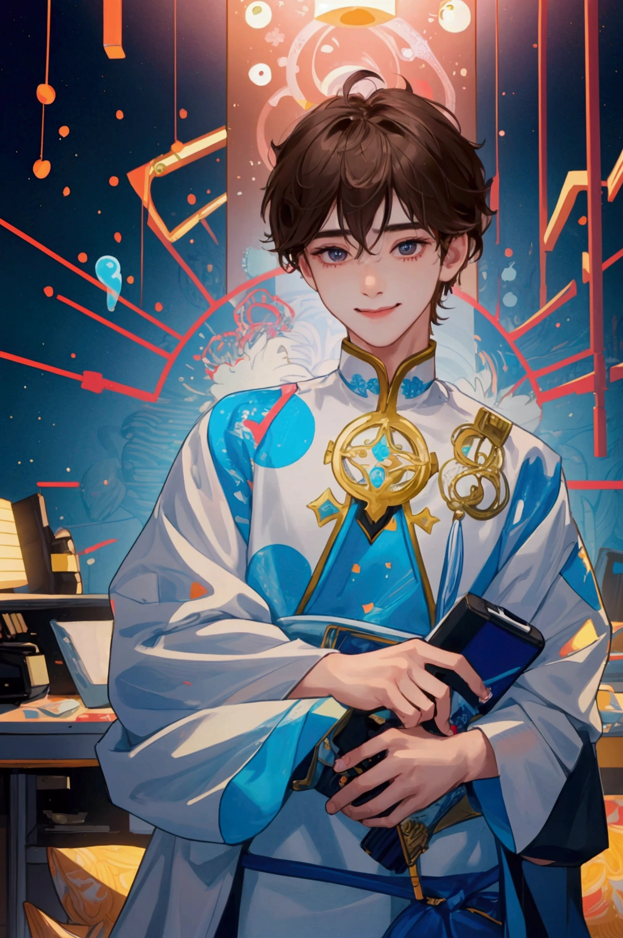 This is a high-quality 4K masterpiece CG image featuring highly detailed and intricate designs.。Intricate details、1:A boy with a guitar(Brown Hair、Messy hair all over the body、),Super delicate eyes,Jeans top and bottoms,(In the center is a boy with a grinning face)、1:An anthropomorphic particle AI next to a boy,(Anthropomorphized AI、Hugging from behind)Background is in neon pop abstract art style、1:Computer room,Cinema Lighting、A lot of bubbles flowing in detail、It features slowly moving notes。The whole is surrounded by ultra-fine particles.、Focus on happiness and dynamic background elements、It's a vivid and complex image.。