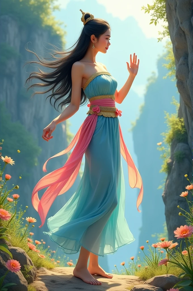 full lenght a standing, full-length, straight-facing image of a beautiful, sweet, and gentle young woman, wearing a light blue strapless Thai dress, a nine-gem belt, a pink sarong with gold trim, a light blue shoulder cloth, long, flowing black hair, wearing a flying crown, tied loosely, in a dancing pose, a high, steep cliff scene with small flowers growing all around, beautiful, glowing and shimmering light, 3D image, oil painting, sharp image, art of Ajarn Chalermchai