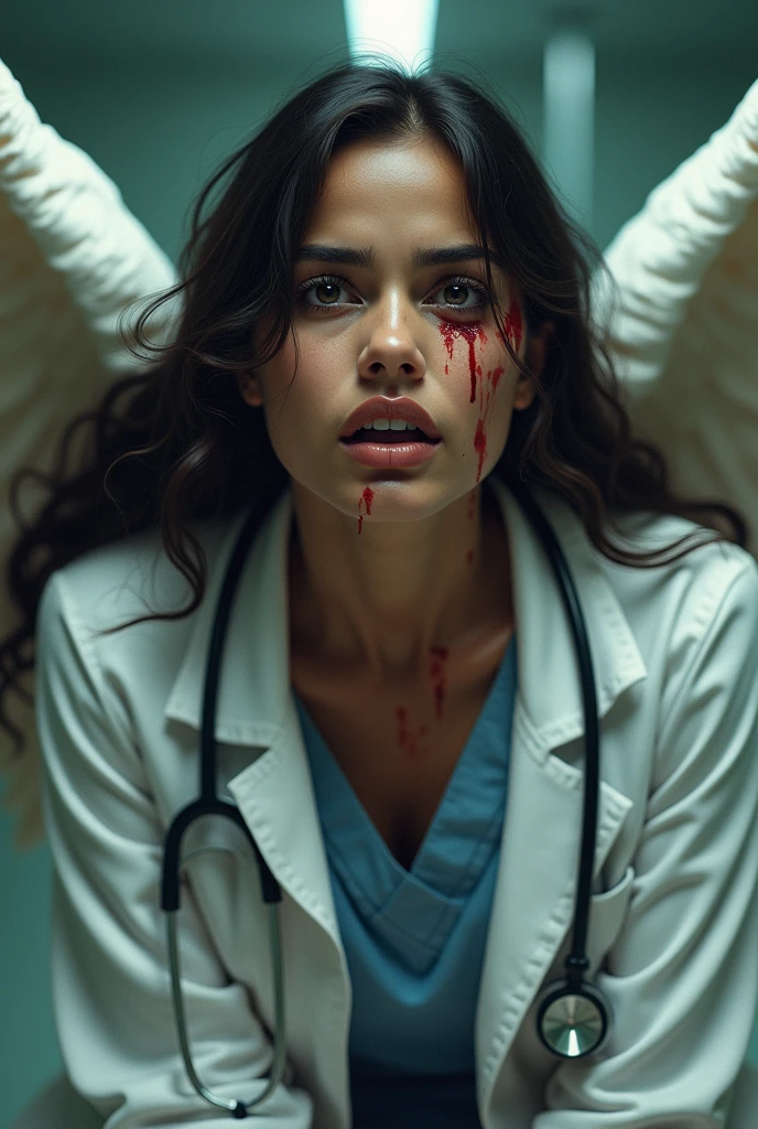 Angel Indian Female innocent Doctor, all crying, begging for help, severely injured, wants justice, bleeding, wearing white coat and sethocsope, tears in her eyes.