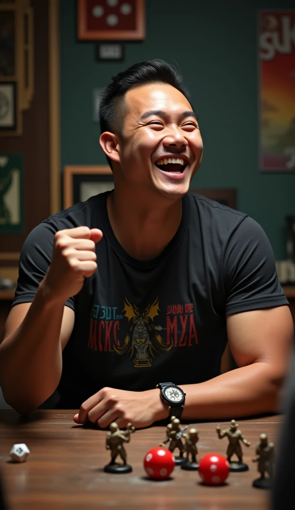 photorealistic, best quality, masterpiece, extremely detailed, front view, extremely handsome, 30 year old borneo man, round face, muscular bodybuilder, smooth shaved face, wearing rockband tshirt, laughing, pumps fist, celebrating, dice and well-painted warhammer miniatures mid-game on the table, extremely romantic atmosphere, perfect face, perfect fingers, perfect hands, perfection