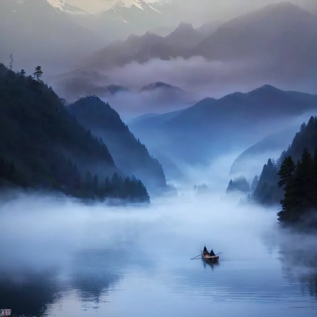 Mountains background，A small boat floats on the foggy lake。, In the peaceful scenery, Beautiful and mysterious, by Jiang Tingxi, Extremely beautiful and ethereal, floating in fog, early morning的河流, early morning, Water mist, by Hu Jieqing, In the morning mist, Water mist, author：Shi Rui, Fog on the water, Peaceful and tranquil
