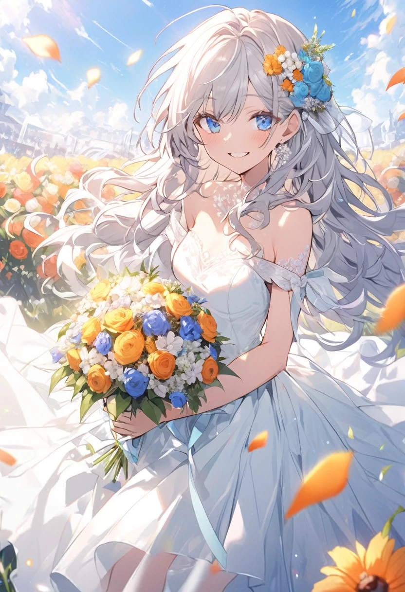 Silver hair, blue eyes, long hair, very fair skin, a happy face, a wedding dress, a refreshing breeze, holding a bouquet of flowers, a field of flowers, a beaming smile, glass high heels