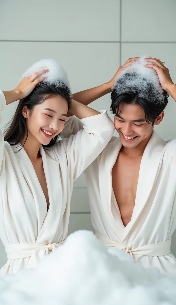 Create an Asian beauty and an Asian handsome man，Regular facial features，They were each wearing white silk bathrobes，They are washing their hair with both hands on top of their heads，There is a lot of foam and water on the head，Foam wrap head，Real bubbles，Open your eyes，The expression is happy，The characters are realistic and realistic，Pure white bathroom background，Character front position，9:16 frames，Ultra-high-definition picture quality