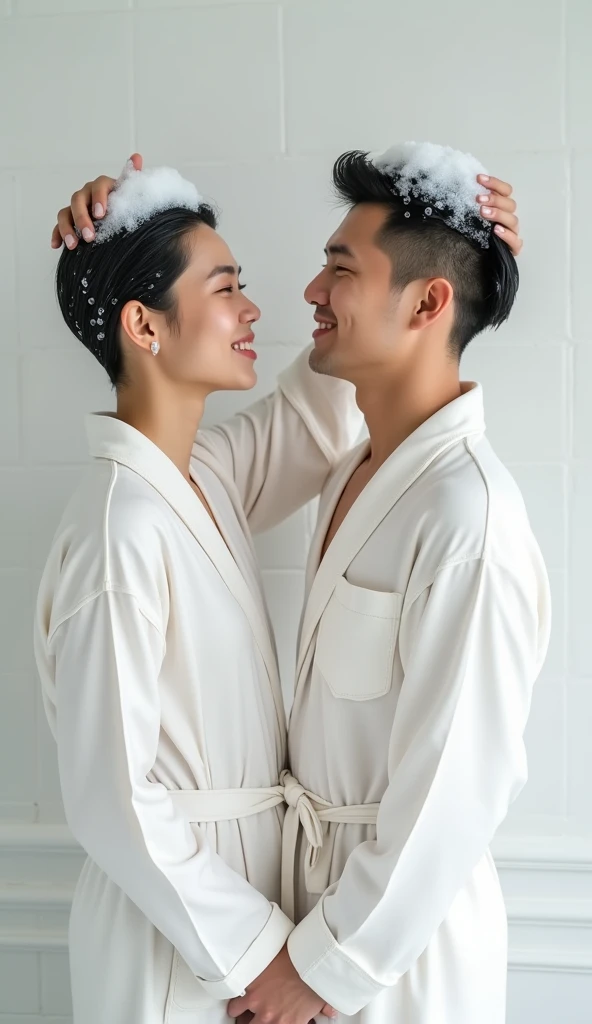 Create an Asian beauty and an Asian handsome man，Regular facial features，They were each wearing white silk bathrobes，They are washing their hair with both hands on top of their heads，There is a lot of foam and water on the head，Foam wrap head，Real bubbles，Open your eyes，The expression is happy，The characters are realistic and realistic，Pure white bathroom background，Character front position，9:16 frames，Ultra-high-definition picture quality