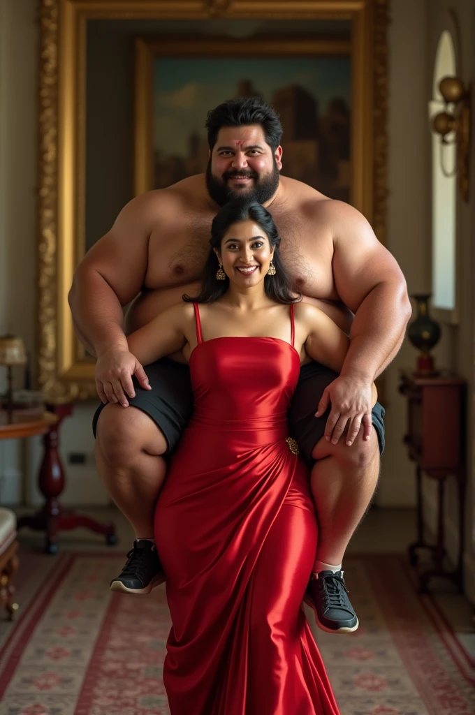 Create a realistic photograph of a smiling and beautiful indian actress in red satin carrying a large stout man on her shoulders in a room, man is sitting on top of her shoulders , man on top, woman at bottom