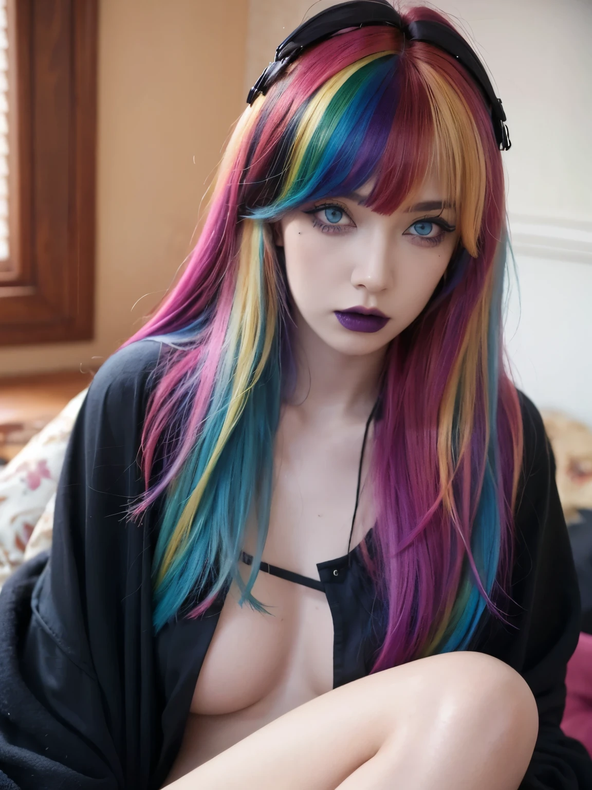 woman, bright rainbow hair, goth, goth makeup, pale skin, indoors, bangs, bedhead, messy hair, blue eyes