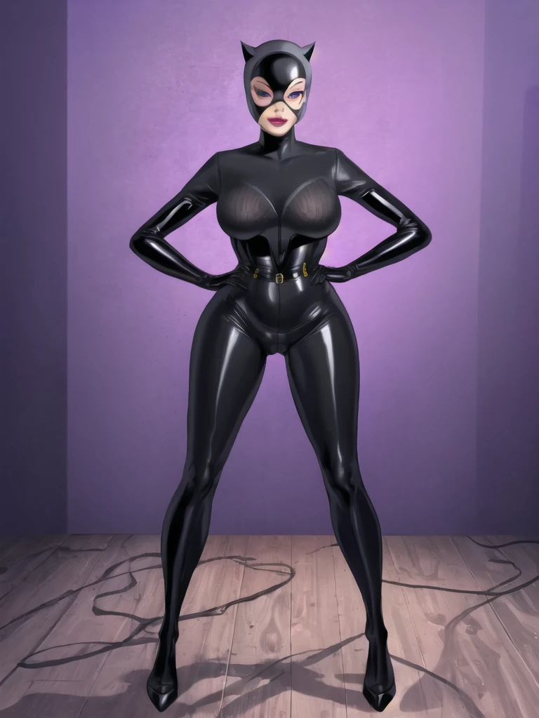 Bowei, catwoman, selina kyle, 1girl, full body, slim body, slim thighs, bodysuit, detail eyes, mask , solo, lips, gery bodysuit , looking at viewer, simple background, gloves, room background, mole under mouth, eyeshadow, hands on hips, grey bodysuit,leather, latex, purple lips, 8k detailed,