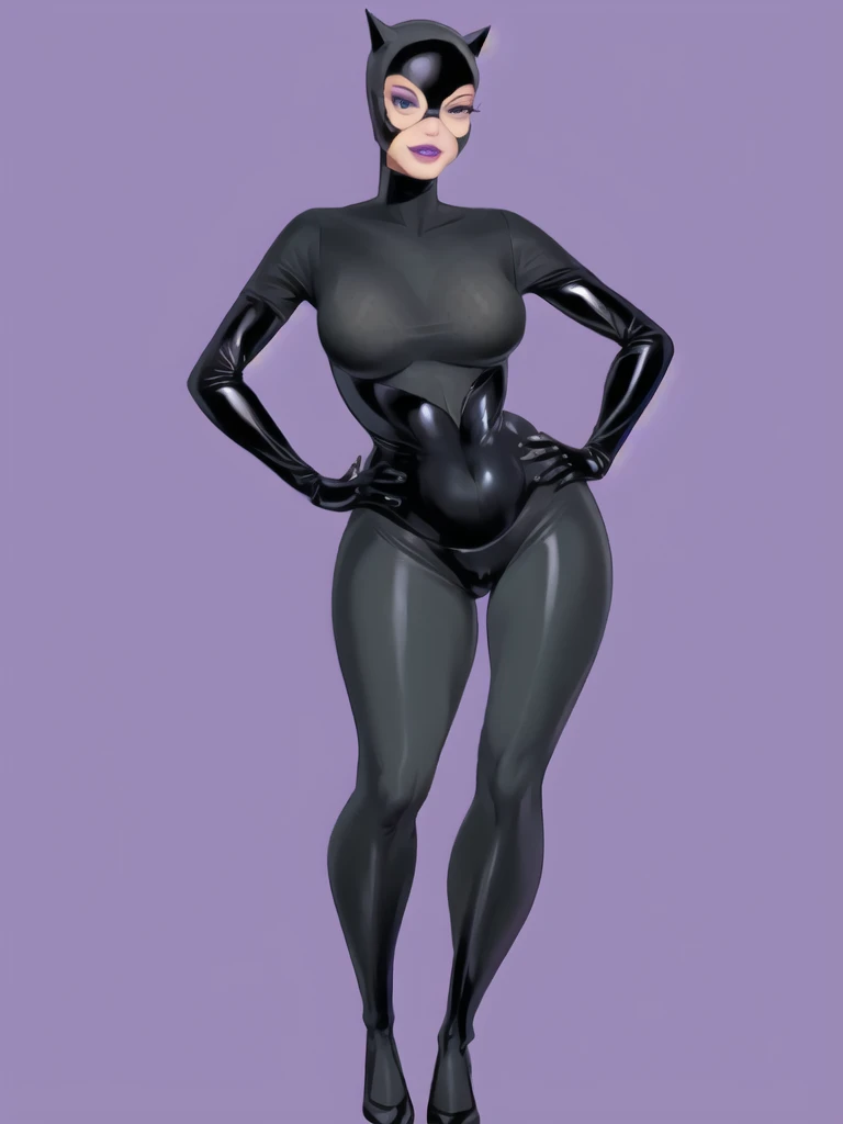 Bowei, catwoman, selina kyle, 1girl, full body, slim body, slim thighs, bodysuit, detail eyes, mask , solo, lips, gery bodysuit , looking at viewer, simple background, gloves, room background, mole under mouth, eyeshadow, hands on hips, grey bodysuit,leather, latex, purple lips, 8k detailed,