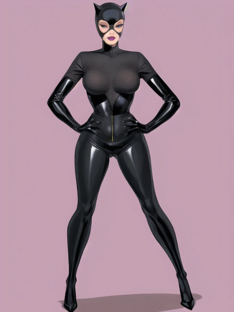 Bowei, catwoman, selina kyle, 1girl, full body, slim body, slim thighs, bodysuit, detail eyes, mask , solo, lips, gery bodysuit , looking at viewer, simple background, gloves, room background, mole under mouth, eyeshadow, hands on hips, grey bodysuit,leather, latex, purple lips, 8k detailed,