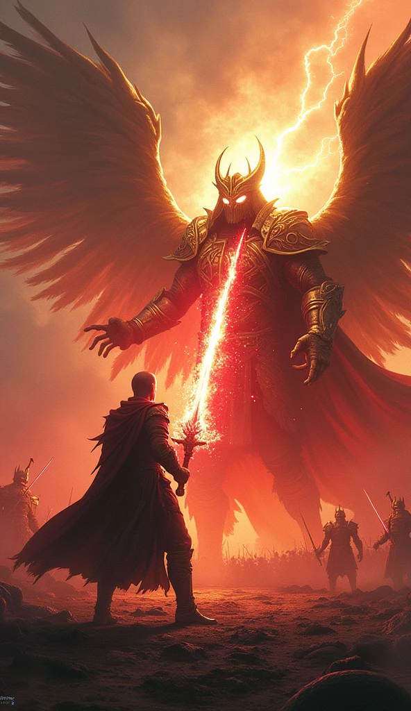 In a battlefield strewn with fallen soldiers, Valis squares off against a mighty general clad in gleaming gold armor. Their swords clash with a deafening roar, and the ground quakes beneath them. Valis, his eyes cold and determined, draws upon the "Luminous Order." Shadows and red light swirl around him as he overpowers the general, his blade carving through defenses with a ferocity that leaves his opponent reeling.