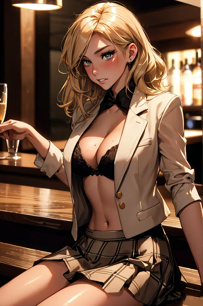 girl at a nightclub sitting at bar, eyeliner (masterpiece) (best quality) (detailed) (8k) (HDR) (wallpaper) (cinematic lighting) (sharp focus) (intricate) blonde hair, biting lip, medium hair, white and gold, sexy, blush, aroused, cleavage, shiny , wet skin, girl, dark makeup, action pose, jumping over bar, white shirt blazer and plaid skirt
