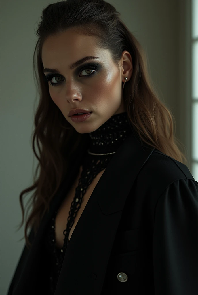 female vogue model 35yo with pale skin, beautiful evil slavic muscular woman, pale skin, long light brown hair, sleek hair, strong make-up, pat mcgrath-style, wearing boris bidjan saberi, 1990s vogue-style, setting is an artsy, ad-magazine-style, style indoor environment dark and stunning, atmosphere is dim, dreamlike, dark ambiance.