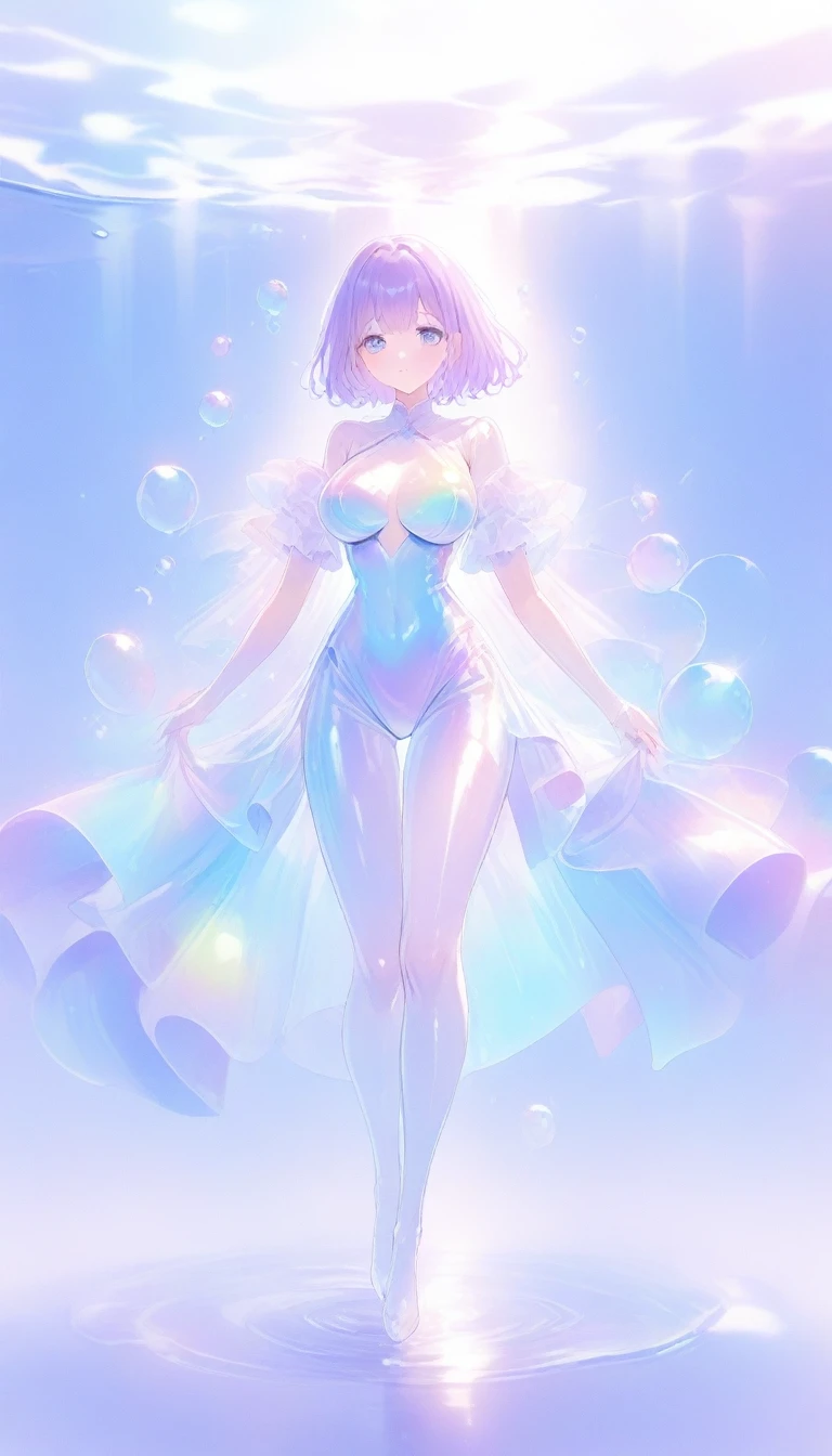 Super detailed, 8K, bubble, Right blue water, nice, bright, full body standing, pretty girl, tall and has a large bust/dark blue eyes/sparkling Eyes/long purple hair/Hime Cut hair, under the water, shiny glossy iridescent clothes, shiny reflective clothes, pastel, lens Flare, soft gradient　