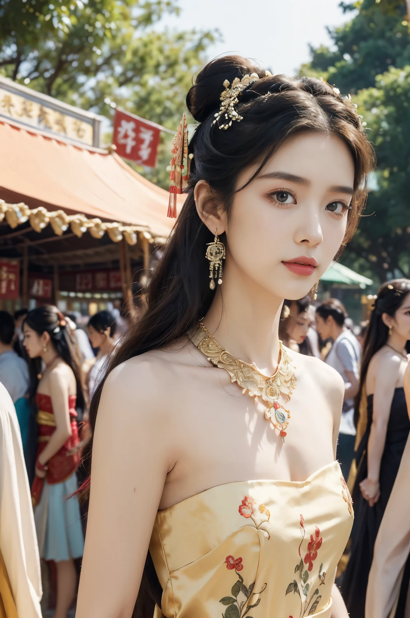 (((best quality))),(((ultra detailed))),(((masterpiece))),illustration,
((1 beautiful young girl,solo)),(bun hair:1.2)((slim,thin)),((small breasts,flat chest)),attractive, traditional Chinese attire,(Gorgeous and intricate headdress:1.3),((earrings,intricate necklace)),(strapless Exquisite embroidered maxi sleeveless sparkled dress:1.3),(slender legs:1.2),(standing:1.3),vibrant patterns, radiant complexion, joyful expression,(temple fair:1.3), bustling atmosphere, summer afternoon, sunny weather, cultural festival, street food, roasted skewers, steaming dumplings, sweet cotton candy, stalls, crafts, clothing, appreciative onlookers, sunset, ancient tradition, modern beauty, captivating scene, enchanting,(day scene:1.2),(surrounded by crowded crowds:1.3),((from front,upper body))
