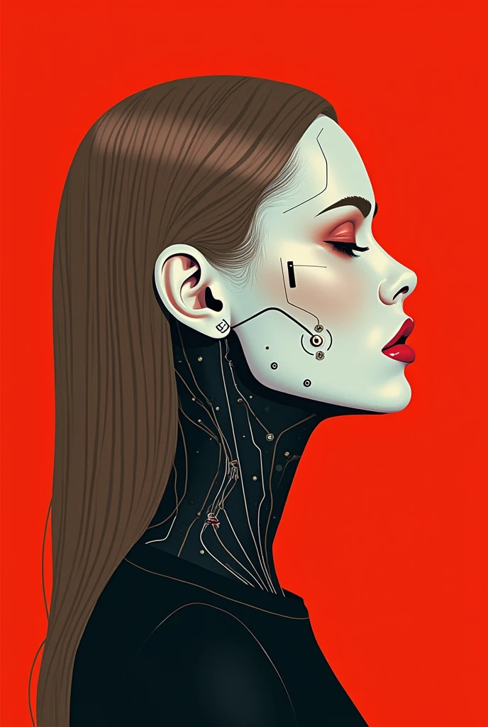 A beautiful ((evil slavic woman)), pale skin, long light brown hair, with robotic features as a closeup shot of the face and neck, with circuitry on her skin, clean lines, minimal details, cyberpunk, portrayed in profile with a red background, futuristic design, in a 2D flat composition, red tones