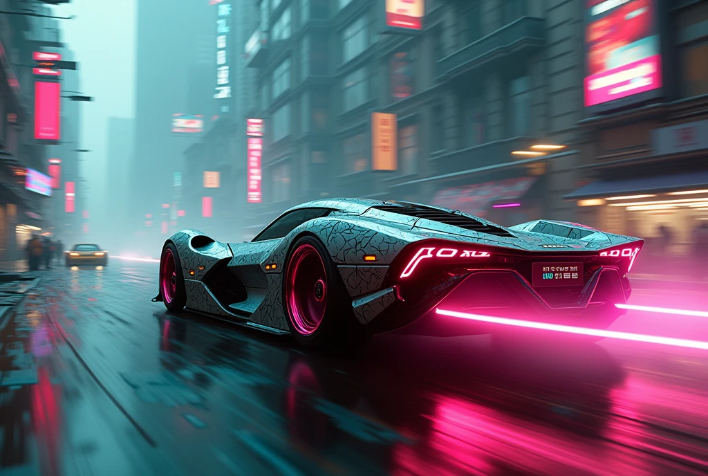 Spinner car runs through the city with its gaudy neon lights shining brightly, Blade Runner,
