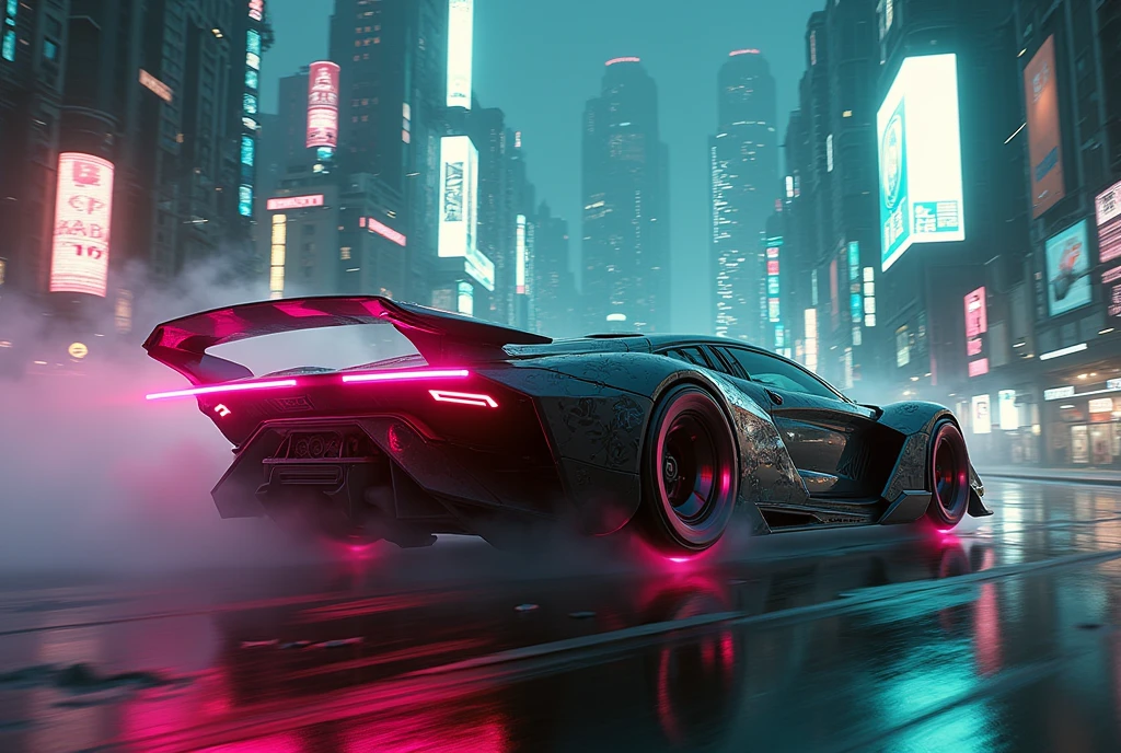 Spinner car runs through the city with its gaudy neon lights shining brightly, Blade Runner, 