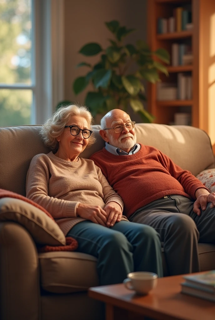 Blonde haired grandmother with glasses on the couch with fat bald grandfather on the couch