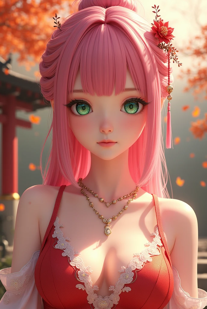 Green Eyes, (Highest quality, masterpiece painting:1.3), Mature Woman, 26 years old,  (Half Body Shot), masterpiece, Ultra-high resolution, (Photorealistic:1.0), Pink Hair、Straight hair, Beautiful and shiny hair, White and glowing skin, ((Ultra-Realistic Details)), Octane Rendering, Highly detailed face, (Big Breasts:0.8),(Sexy and cute Chinese dress,Red and white contrast outfit,Delicate decoration:1.2), Open neckline, (necklace:1.0),Cleavage, Perfect body, Soft Skin, Anime Face, Perfect Face, Perfect Eyes, Looking at the audience, Smart, Autumn leaves under the tree background, Autumn leaves falling, Outdoor,shrine, Sharp focus, Intricate details, Professional artwork, (Bright colors:1.1), Bright colors, diffused Lighting, Digital Blending, Ultra high definition body, Super detailed hair, Highly detailed face, that&#39;that&#39;Trending on pixiv, Open the top button, Cute gaze, Compensate, Perfect Lips, perfect Compensate, Ultra-precision coating, (Light_smile:0.8), (Very embarrassed:1.2), Blushing your nose,