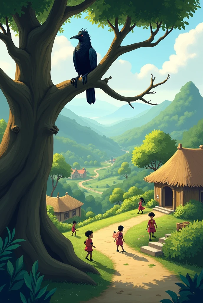 In Dall e-3 Style"Munna the Clever Crow**: Munna, the clever crow, perched on a large tree, observing the village children below with a thoughtful expression"