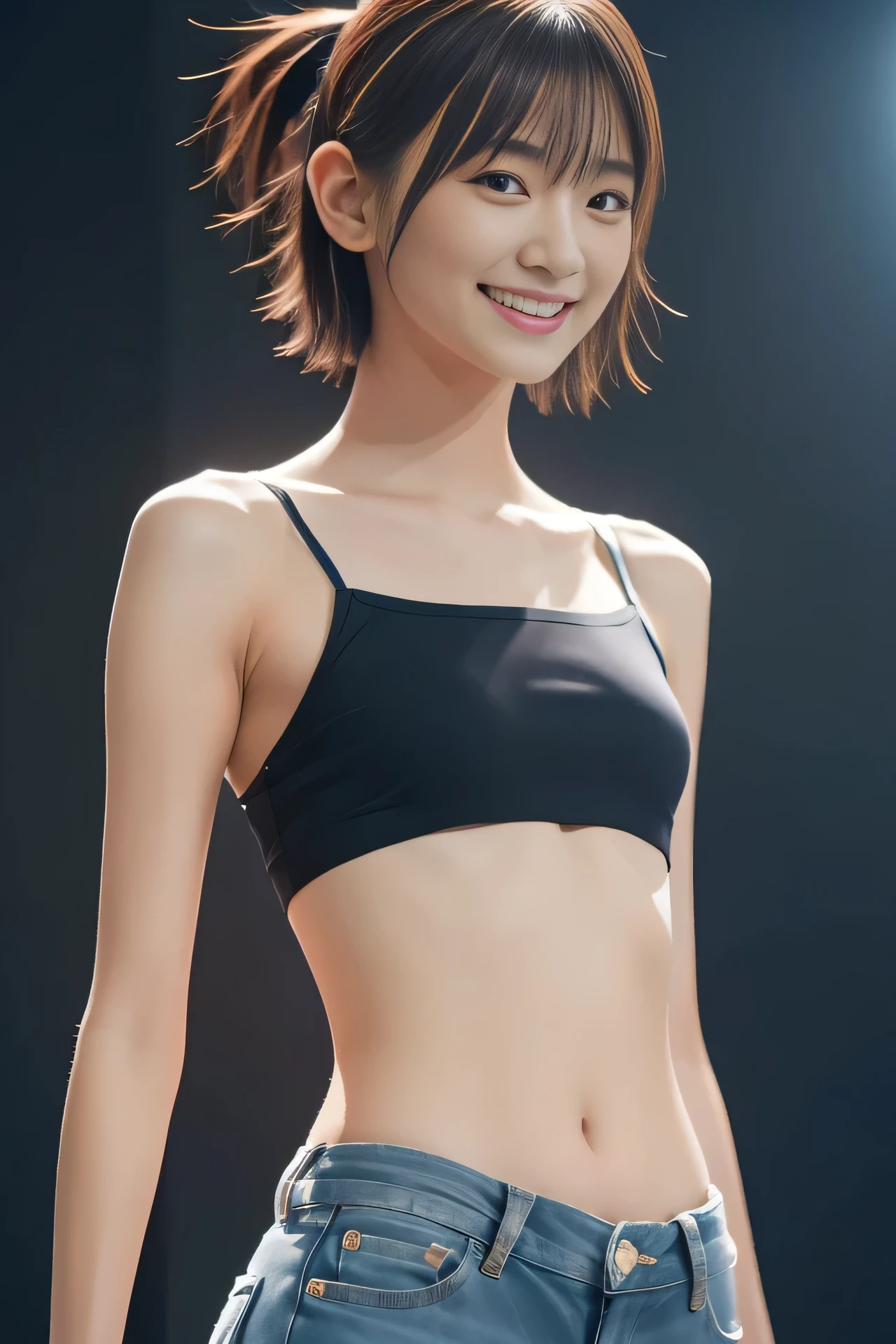 highest quality, masterpiece, Ultra-high resolution,8k, (Realistic:1.6), (Facing portraits) RAW Photos, 1 girl,(Full of smiles, Showing teeth)), 22 years old,((Navel Fashion)),((Miniskirt Uniform)),((short hair)),((Looking up at the audience)),Face Focus:1.4,((Simple solid color background)), Image Media Chest)),((Smiling with teeth showing)),
