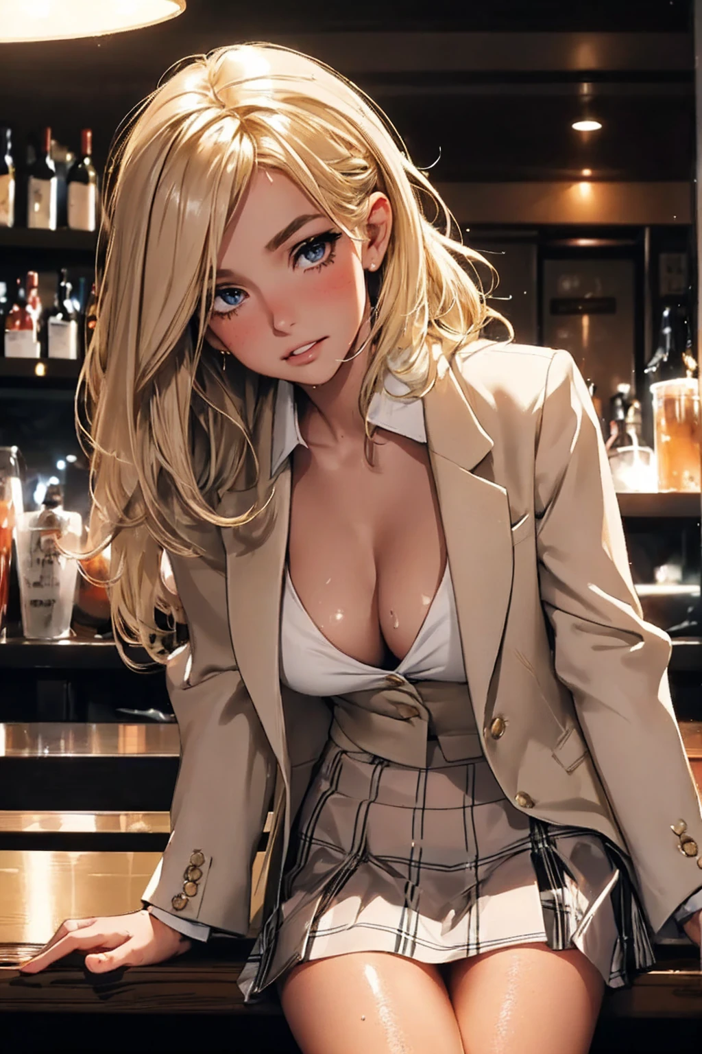 girl at a nightclub sitting at bar, eyeliner (masterpiece) (best quality) (detailed) (8k) (HDR) (wallpaper) (cinematic lighting) (sharp focus) (intricate) blonde hair, biting lip, medium hair, white and gold, sexy, blush, aroused, cleavage, shiny , wet skin, girl, dark makeup, action pose, jumping over bar, white shirt blazer and plaid skirt